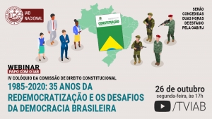 Descrição da imagem: Na parte superior, ao centro, na cor verde, tem um mapa do Brasil, sobre o qual repousa a capa da Constituição Federal. À direita da imagem, militares armados. À esquerda, quatro civis, sendo dois homens (um negro e um branco) e duas mulheres (uma negra e uma branca). Na parte inferior, à esquerda, em letras pretas e azuis, o título do evento. À direita, em letras pretas, o dia, o horário e o local de transmissão.