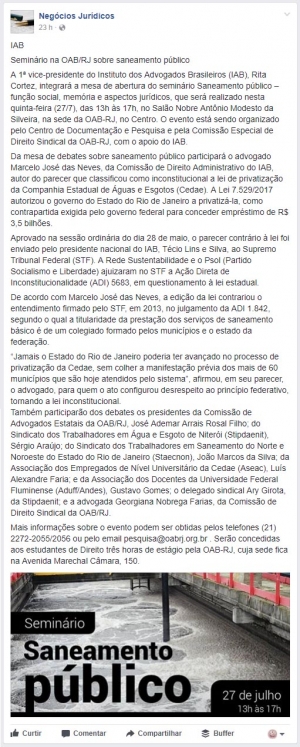 IAB participará de seminário na OAB/RJ sobre saneamento público