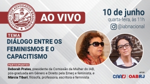 Descrição da imagem: fundo cinza com a logo do Instituto dos Advogados Brasileiros (IAB) em vermelho e branco no canto esquerdo superior. No meio do card há fotos dos rostos das participantes dentro de dois pequenos círculos.