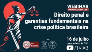 Descrição da imagem: fundo azul, com os logos, na base da imagem, do Instituto dos Advogados Brasileiros (IAB), em vermelho e branco, da Universidade Federal do Estado do Rio de Janeiro (Unirio) e da Faculdade de Direito da Uerj, ambos em branco. À esquerda, tem uma figura do símbolo da Justiça, com a espada numa das mãos e a balança na outra