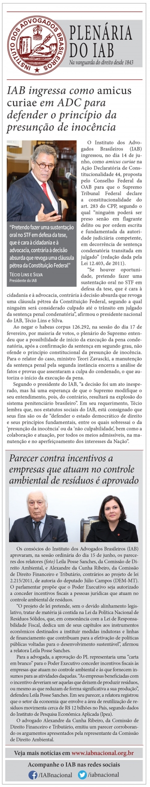 IAB ingressa como amicus curiae em ADC para defender o princípio da presunção de inocência