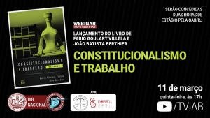 Card com fundo preto. Na parte superior, à esquerda, aparece a capa do livro que será lançado, com a cor verde predominante. Ao lado da capa, no centro, aparece o título do evento e os nomes dos autores do livro. Na parte inferior, a logomarca do Instituto dos Advogados Brasileiros com o selo da campanha 'Vacina para todos é prioridade' e, ao lado, as logomarcas do curso de Direito da Uerj. À direita, no alto, aparecem as informações de estágio. À direita, embaixo, sobre dia e hora do evento.