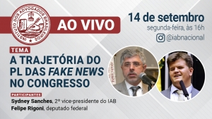 Descrição da imagem: Fundo cinza com o logo do Instituto dos Advogados Brasileiros (IAB) em vermelho e branco no canto esquerdo superior. No meio do card há fotos dos rostos das participantes dentro de dois pequenos círculos. Informações do card: Ao vivo 14 de setembro, segunda-feira, às 16h @iabnacional Tema: A trajetória do PL das fake news no Congresso Nacional