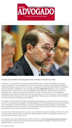 Ministro Dias Toffoli tomará posse como membro honorário do IAB