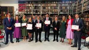 Da esq. para a dir., Jorge Rubem Folena, Sandra Marisa Lameira, Maria Cristina Schneider Lucion, Renata Oliveira Leal, Sydney Sanches, Sergio Luiz Fernandes Pires, Francisco Rossal de Araújo, Paulo Joel Bender Leal, Rita Cortez, Carmela Grüne e Leonardo Lamachia (Foto: Eduardo Matos/Secom TRT-4)